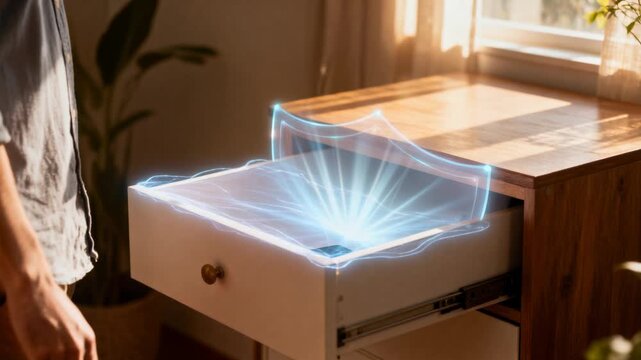 Placing man in khaki sliding phone into drawer at window activating Digital Detox Activated shield