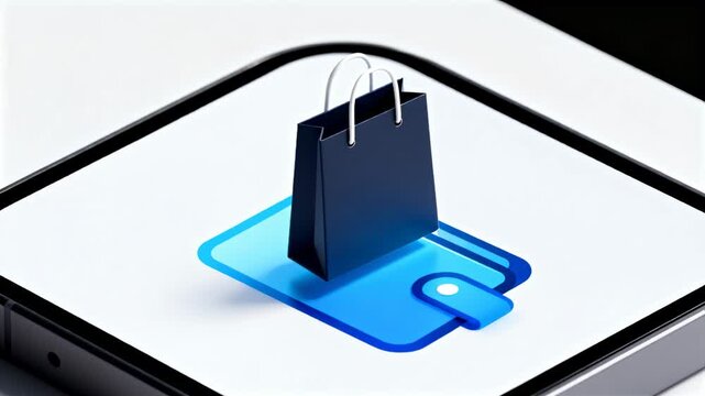 Vertical video: Phone app launch showing bag rotating and settling over wallet, signaling commerce