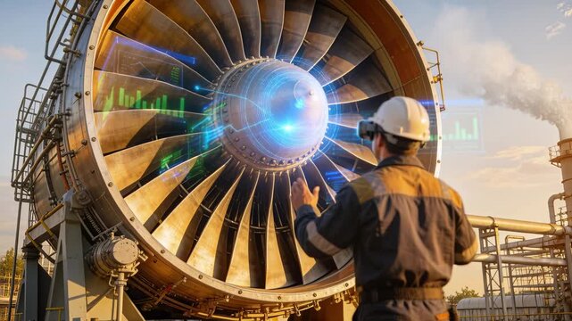 Tech approaching jet-engine projecting AR diagnostics gesturing expanding overlays diagnosing hub