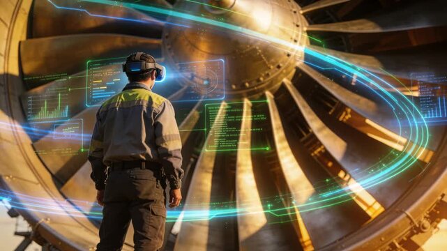Vertical video: Male tech monitoring jet fan AR headset firing data rings around blades for repair