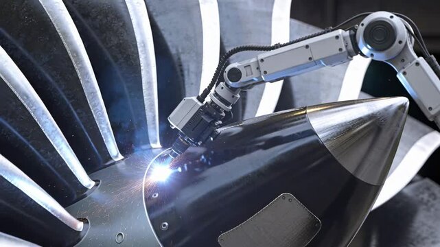 Receiving signal, robot arm igniting torch, welding spinner hub for repair at hangar, sparks flying
