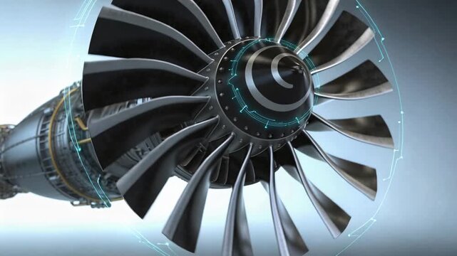 Diagnostic routine starting turbofan assembly rotating in studio, showing spinner, blades and HUD