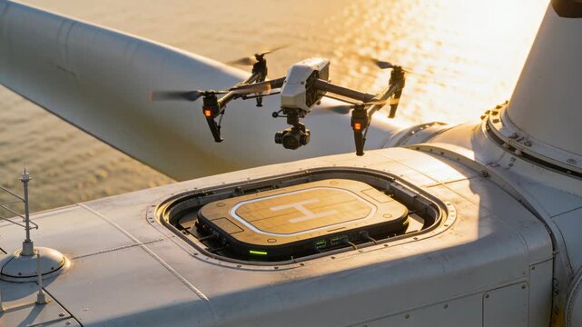 Initiating auto landing, foldable quadcopter drone lowering and aligning over nacelle H pad to land