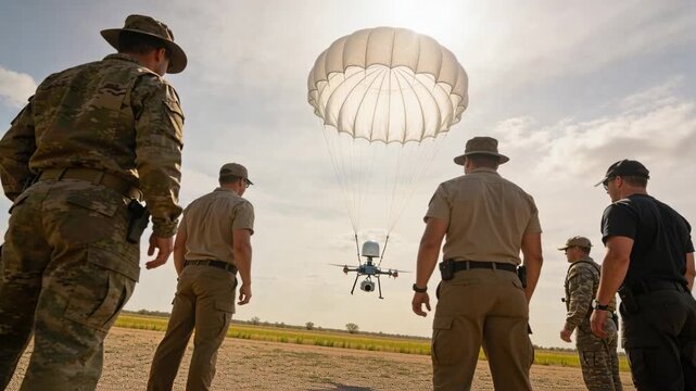 Military crew watching parachute deploying, initiating drone descent, signaling recovery to inspect