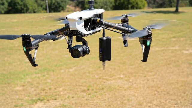 Lowering multirotor drone applying coating to carbon fiber wing seam at grassy field, using probe