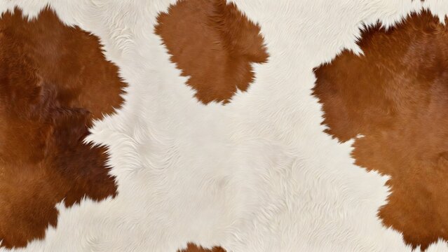 Brown and white cowhide fur texture. Natural animal skin pattern and rustic ranch background. Close up view of soft cattle hair for leather industry and textile design.