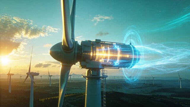 Spinning in wind, turbine nacelle and blade showing glowing generator on hills emitting blue vortex