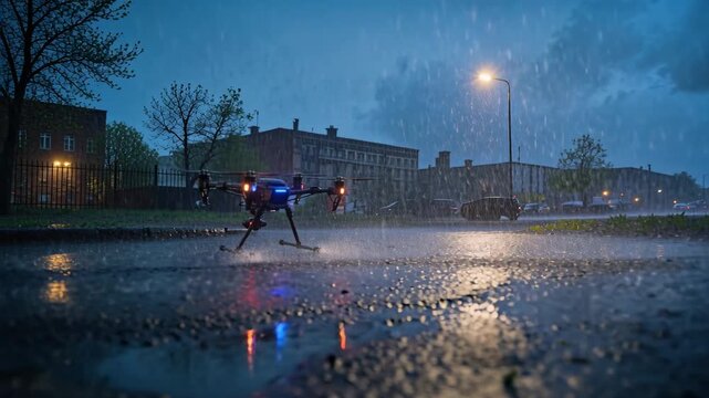 Drone receiving power box signal, spinning rotors and lifting, kicking puddles for inspection