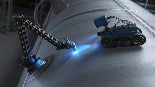 Control box sending robotic arm and crawler tracing blue laser along weld seam at factory repairing