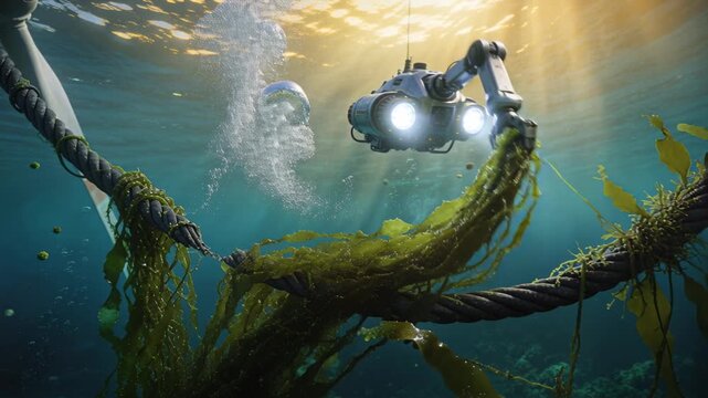 Small ROV pulling kelp from mooring rope beside offshore turbine, lights turning on for inspection