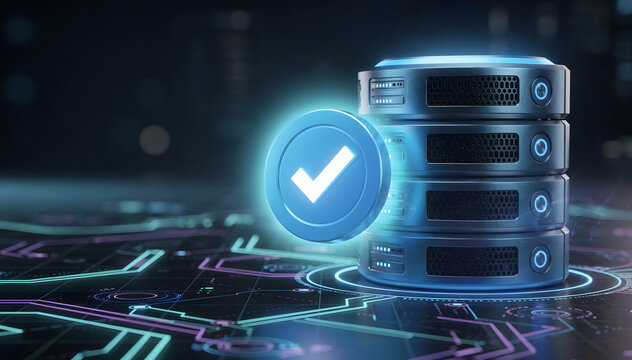 Secure data storage and management with checkmark verification, illustrating robust server reliability, information processing, and digital security solutions