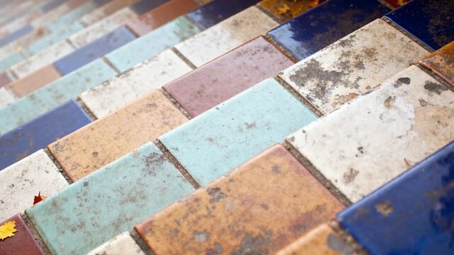 Pulling camera revealing worn ceramic tiled stair at exterior steps, showing yellow leaves, stains