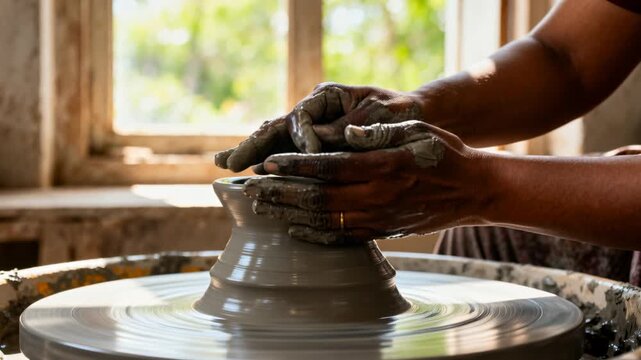 Woman-presenting craft potter using spinning wheel, shaping wet clay by window, refining rim slowly