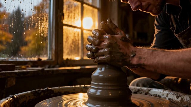 Spinning wheel drawing potter wearing stained apron, shaping lump of clay into cup at rustic window