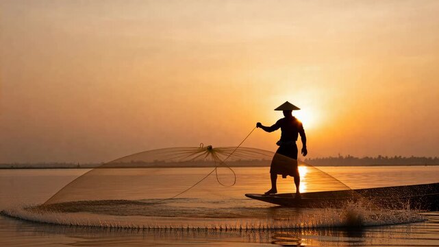 Fisherman casting cast net from wooden boat at sunset net unfurling hitting water and catching fish