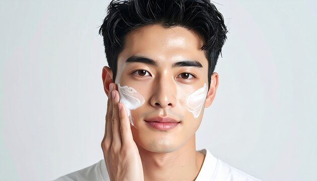 洗顔する日本人男性、メンズスキンケアイメージ,Japanese man washing face, men's skincare routine image