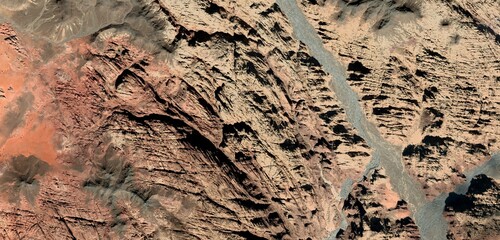 Fototapeta premium Aerial View of Al Disah Valley Saudi Arabia with Red Sandstone Mountains and Desert Oasis