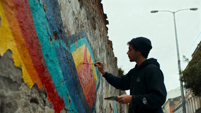 Male street artist placing brush tip and refining geometric mural center, defining edges