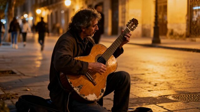 Playing guitarist in dark jacket strumming guitar on street under lamps, open guitar case for coins