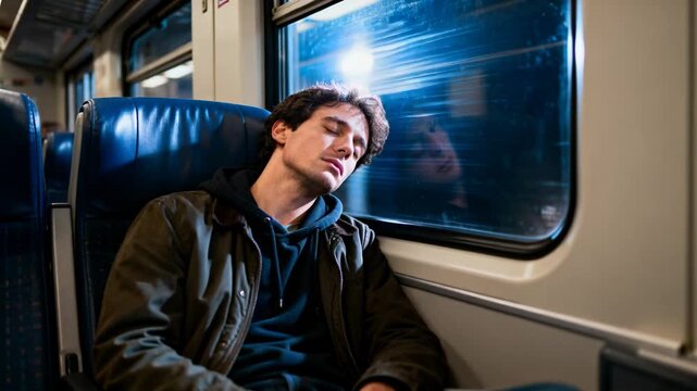 Male commuter drifting into sleep during night commute, train motion blurring lights on window