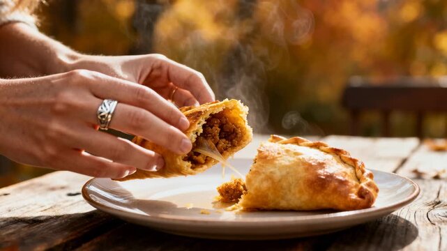 Vertical video: female hands reaching and pulling pastry apart on table revealing filling for food