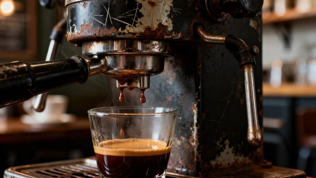 Espresso machine group head starting extraction, portafilter pouring crema-rich espresso into glass