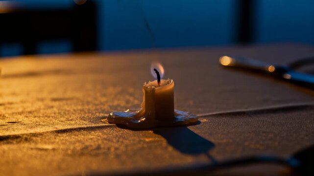 Burning melted pillar candle at dining table on tablecloth tilting from slight draft, melting wax
