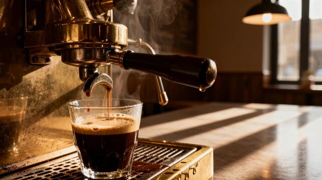 Vertical video: Engaging portafilter, machine pouring shot into glass to serve in cafe, copy space