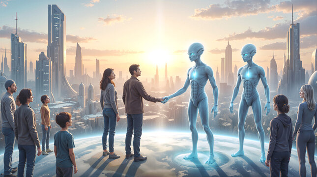 Interstellar meeting between humans and extraterrestrial beings in futuristic city. Diplomatic handshake between man and alien visitor during sunset in advanced urban civilization.