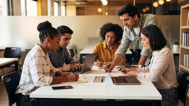 Pointing leader guiding seated business-casual team finalizing points at office table with laptops