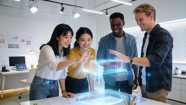 Vertical video: Design team around table, tapping hologram and probing model to approve design