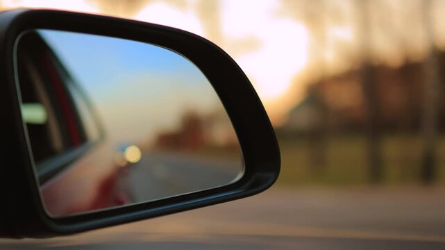 The sun is reflected in the mirror, evening road. View in the side rear view mirror of a red car driving along the highway