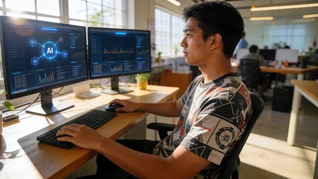 Typing Asian dev wearing tee at office desk studying AI while sunlight streaming over screens