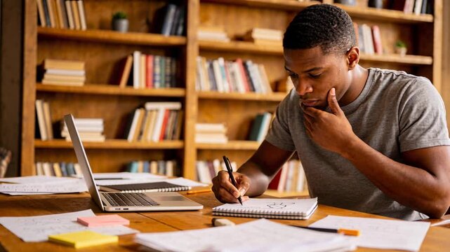 Man lowering gaze writing in notebook for education while animated notes annotating notebook