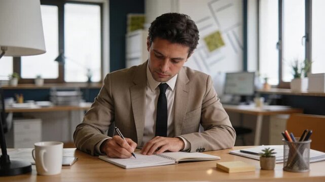 Writing office worker in beige jacket pausing on sound, resuming notes in spiral notebook at desk