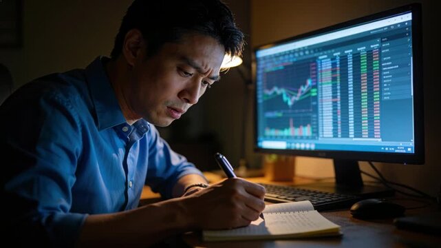 Market tickers updating, man pausing pen, checking monitor and writing notes for trade decisions