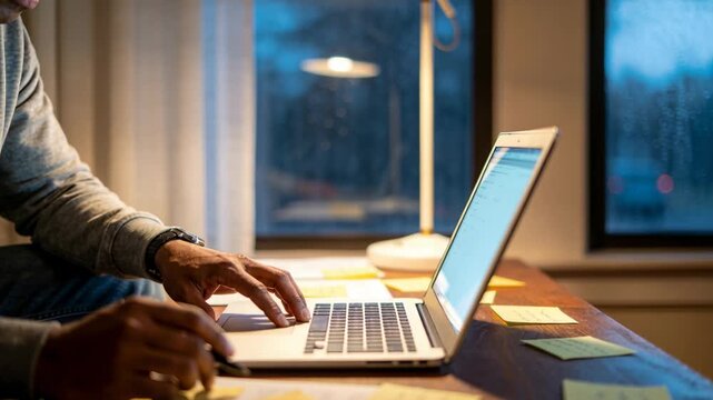 Rain tapping pane urging hoodie-clad man typing placing sticky notes and planning at home, copy sp