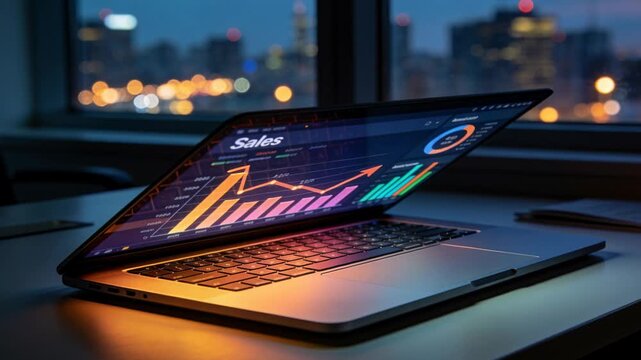 Laptop lid closing by hinge on desk near window at dusk, ending work showing sales charts