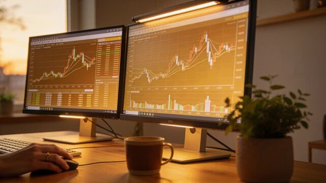 Vertical video: Trader hand clicking mouse, causing chart updates on dual screens for trade orders