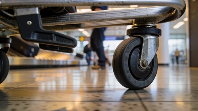 Luggage cart caster wheel turning after traveler nudging toward airport carousel, showing scratches