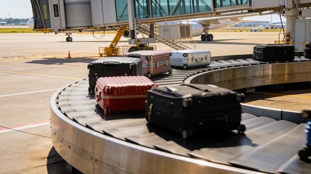 Rotating baggage carousel carrying suitcases at gate after plane arrival, showing landing gear