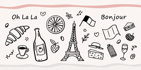 Charming hand drawn doodles celebrating french culture and iconic parisian symbols © BidhanChandra