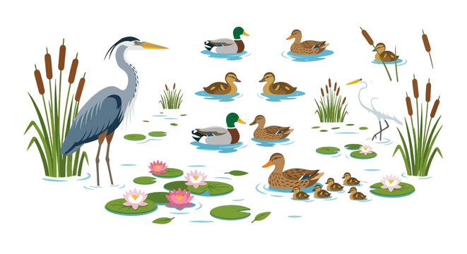 A tranquil scene featuring herons ducks and ducklings in a wetland habitat
