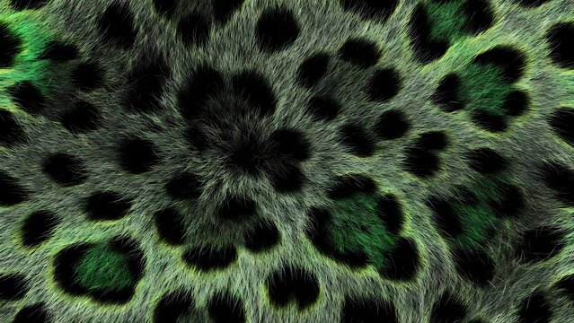 Abstract leopard fur print with green and grey tones. Animal skin texture and fashion material. Top view of spotted predator hair with soft light and organic patterns