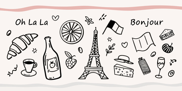 Charming hand drawn doodles celebrating french culture and iconic parisian symbols