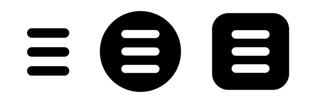 Menu button icon set. Hamburger menu button symbols in circle and square for navigation UI, app interface, dashboard controls and web design
