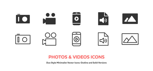カメラと動画のアイコンセット。シルエットと線画のベクターアイコン © september55
