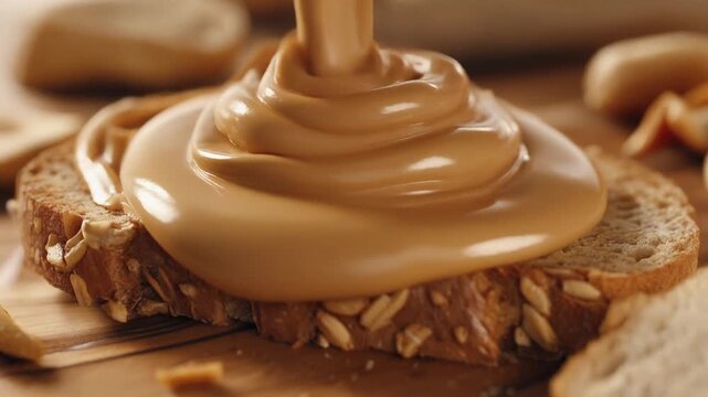 Peanut butter is poured onto a multigrain slice of bread on a wooden board