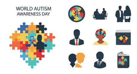Fototapeta premium World autism awareness day illustration with puzzle pieces and people