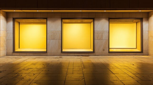 Three empty illuminated storefront windows at night with yellow light display shop